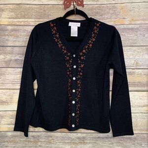Pierre Cardin Medium Petite Black button down Cardigan floral embroidery bin Q-Z